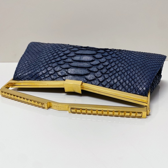 J. Mendel Paris Minuit Navy Blue Gold Python Snakeskin Top Handle Clutch Bag - Picture 4 of 11